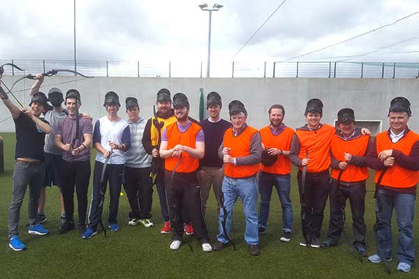 Stag group enjoying Archery Tag at a sunny Astrobay Galway today!